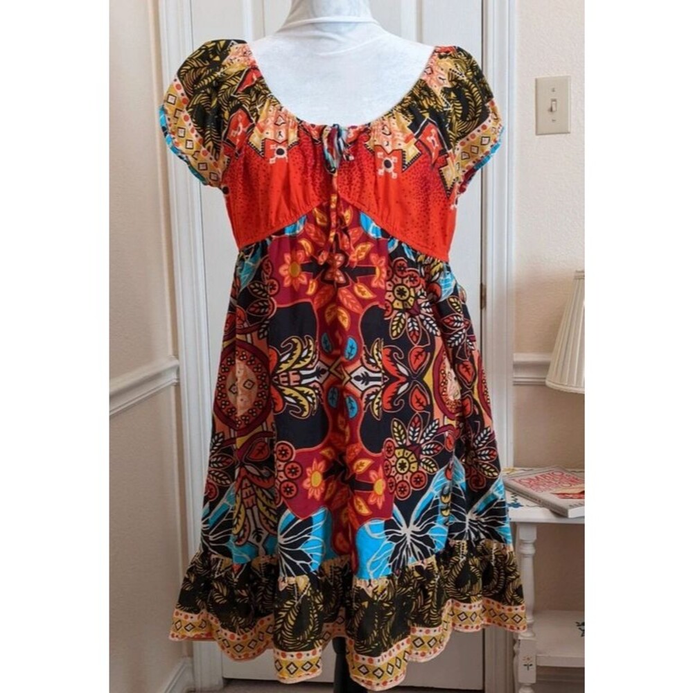 Boho Peasant Airy Mini Dress Colorful Fiesta Bright Flowy Size Small